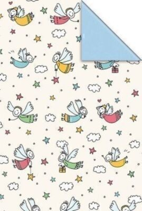Pink and blue Christmas angel roll wrap by Swiss designer Stewo. Quality wrapping paper. Coated, 80gsm. Size 70cm x 1.5m